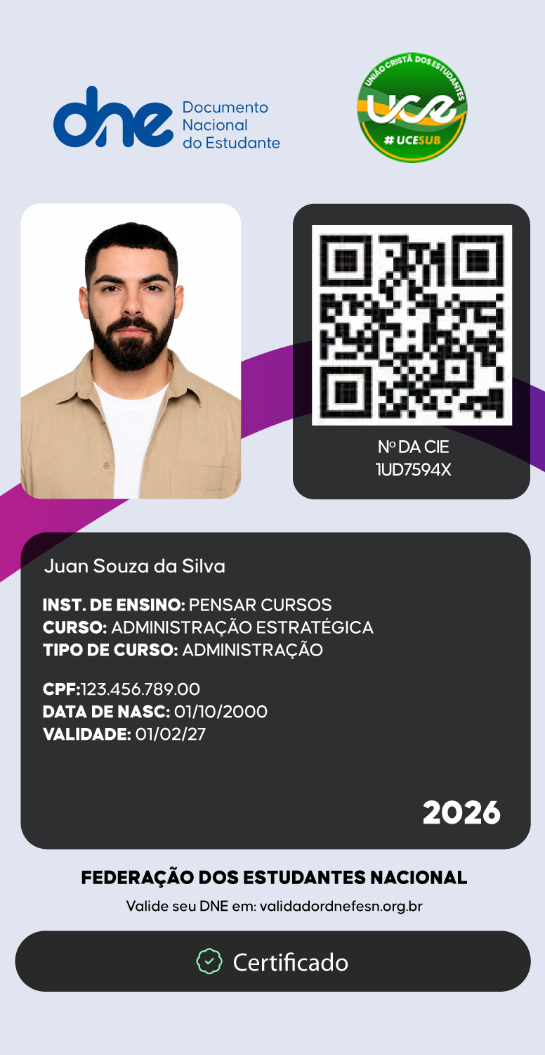 Carteirinha digital aberta no app, com foto, QR Code, número da CIE, curso, instituição de ensino e validade.